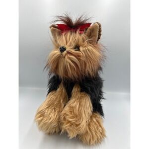 Bearington Collection Yorkie Terrier Plush Stuffed Animal Black Tan Red Bow
